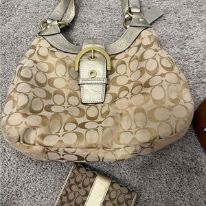 Coach Tan and Golf  Signature Shoulder Bag with cc wallet